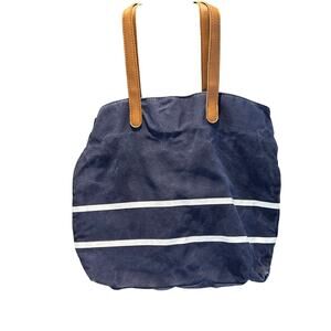 White House Black Market Striped Navy White Tan Cotton Tote Bag